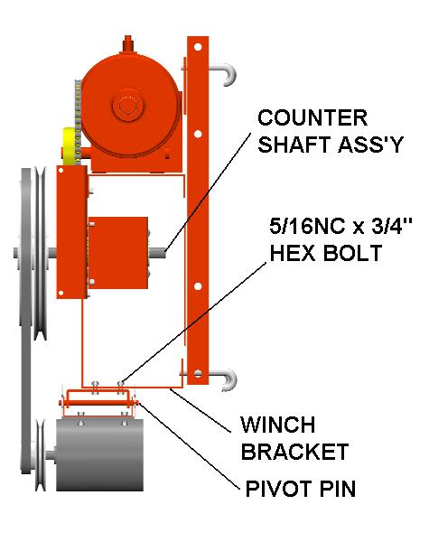 ) Attach the counter shaft assembly to the mounting plate with four 5/16" x 3/4" Crg bolts, nuts & lockwashers. Make sure notch in the front flange of the countershaft assembly is facing down. 3.) Attach bracket to mounting plate with four 5/16" x 3/4" HHCS, Nuts & Lockwashers.