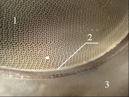 Figure 2. Photo of the catalytic material block. 1 Catalytic material block, 2 thermal insulating gasket, 3 collector hull. 2. Preliminary tests During the acoustic tests of the car, equipped with the new catalytic collector, we detected an increase of the noise level for all engine operating modes.