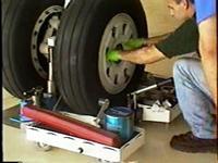 Removing the wheel from the axle with the Hydraulic Wheel Dolly: Verify proper unpacking, correct wheel guide slot determination, and opening of wheel dolly.