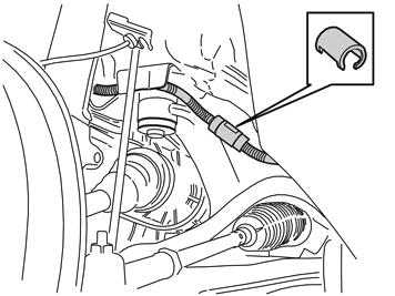 16 Remove the lock sleeve over the joint to the engine heater's cable on the left side by the stay on the sub-frame. Unplug the connectors.