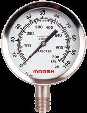 100mm Elite Gauge All Field Fillable Ranges to 10,000 PSIG Liquid Filled or Dry Solid Front Design Safecase Marsh Instruments All Stainless Steel Gauges are built for extended life, and designed for