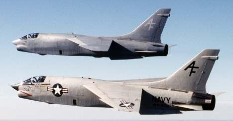 F-8 Vought V383 Crusader span: 35'8", 10.87 m length: 54'3", 16.54 m engines: 1 Pratt & Whitney J57-P-12 max.