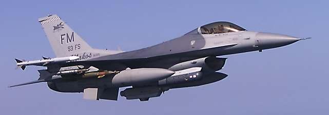 F-16 General Dynamics 401 Fighting Falcon span: 31', 9.45 m length: 47'8", 14.52 m engines: 1 Pratt & Whitney F100-PW-100 max. speed: 1255 mph, 2020 km/h (Source: USAF, via 10af.