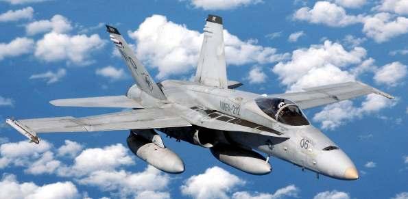 F-18 McDonnell Douglas 267 Hornet span: 37'6", 11.43 m length: 56', 17.07 m engines: 2 General Electric F404-GE-400 max.