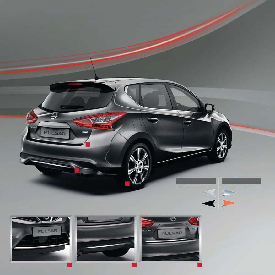 PREMIUM PACK Give your Pulsar a premium edge with deluxe finishers for the front lip, lower trunk and rear bumper in Tokyo Black, London White, Oppama Orange or Beijing Chrome and underline with
