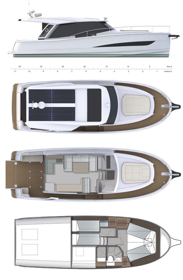 Main Dimensions of the New Greenline 36 Hybrid Length overall 11.99 m Waterline length 11.32 m Hull variable V geometry Beam max 3.75 m Draft at full load with std engine 0.