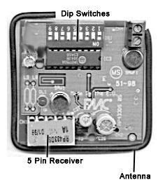 Installing and Setting Transmitters and Receivers Installing the Receiver 1) Locate the 5 Silver Pins in the lower right hand corner of the Estate Swing board.