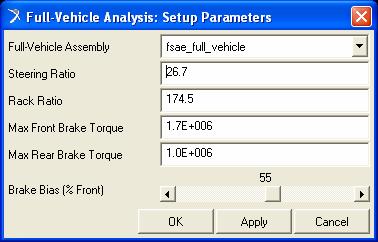 When the Full-Vehicle Analysis: Setup Parameters window