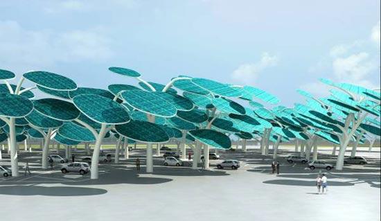 Parking Lot http://www.treehugger.com Dread sitting in your hot car on a summer day? Thanks to these solar paneled shading flowers, our cars can stay cool and our electronics can stay powered!