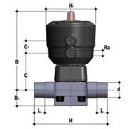 dimensions - 382 Pneumatically actuated diaphragm valve with male ends for solvent respectively socket welding, metric series, code 39, PVC-U, PP-H, PVDF, PVC-C DN MA PN B B 1 C C 1 H H 1 L Ra NC NO