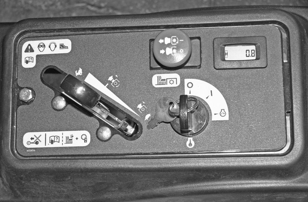 Deck clutch switch B. Ignition switch C. Throttle Figure 3-1 Figure 3-2 D. Choke E. Hour meter D. Choke E. Hour meter. Deck clutch switch (Figure 3-1, Figure 3-2 & Figure 3-3) this switch engages the deck.