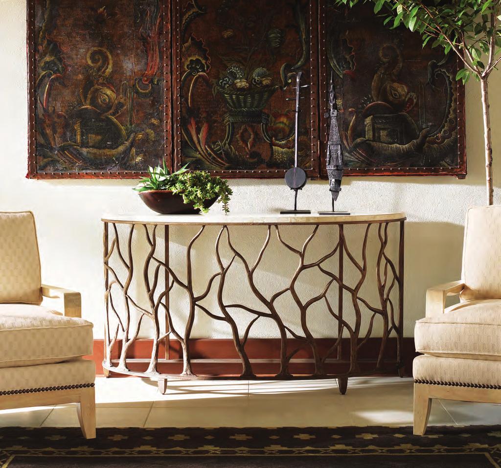 The contemporary tree branch design on the base of the Bannister Garden console