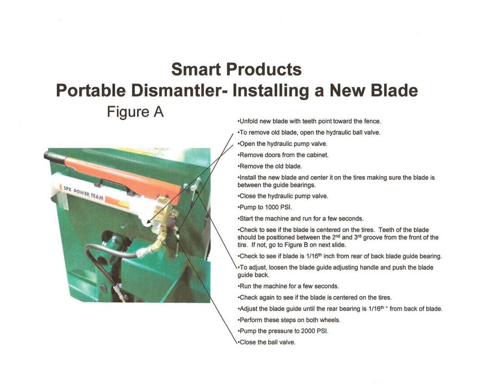 Smart Products Portable Dismantler- Installing a New Blade Figure A -Unfold new blade with teeth point toward the fence. oto remove old blade, open the hydraulic ball valve.
