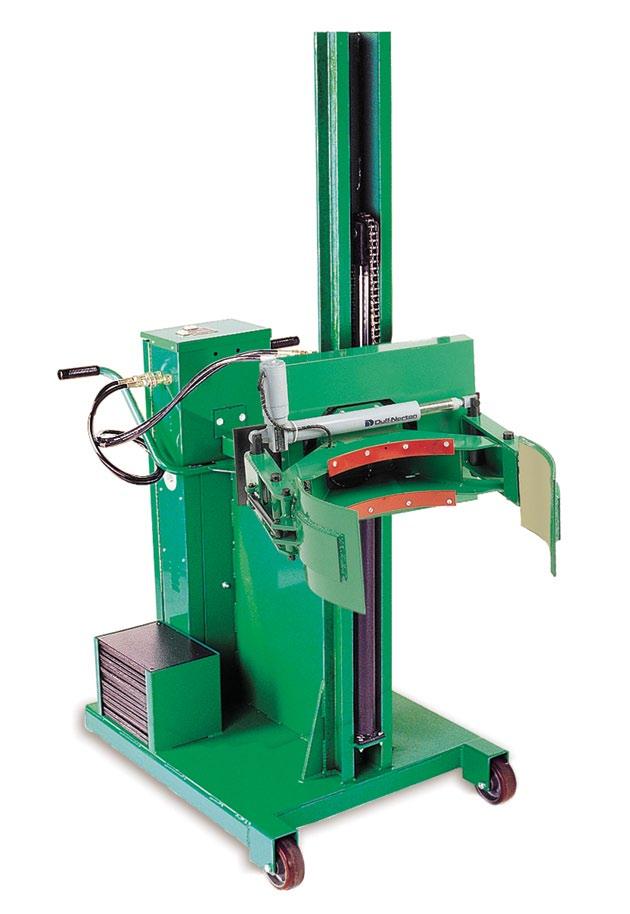 Electric screw jack clamps and releases the rubber-lined jaws while the hydraulic rotator turns drums 360. Single mast design allows for high visibility. 800-lb. capacity.