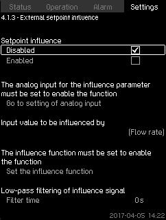 English (GB) 8.7.5 External setpoint influence (4.1.3) Fig. 44 External setpoint influence Settings > Primary controller > External setpoint influence > Input value to be influenced by.