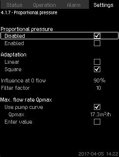 8.7.10 Proportional pressure (4.1.7) Fig. 51 Proportional pressure Selection of control mode Influence at 0 flow Estimated flow rate Filter factor.