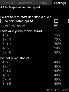 English (GB) 8.7.20 Pump start and stop speed (4.2.8) The function controls the starting and stopping of pumps. There are two options: 1.