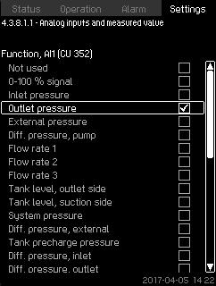 instance 0-16 bar. You can set the following parameters in each display: Not used Range of input signal, 0-20 ma, 4-20 ma, 0-10 V Measured input value Sensor range.