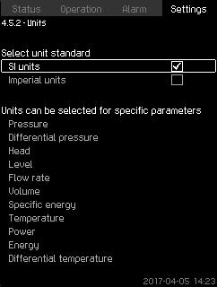 English (GB) 8.7.64 Units (4.5.2) Settings > Functions, CU 352 > Units. Set unit standard, measuring parameter and specific unit. See the example in fig. 120. Fig.