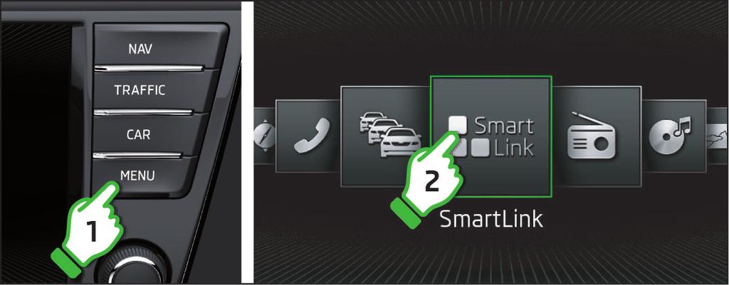 The SmartLink function offers the option to display and operate certified applications supported in the connected device (e.g. telephone) in the device screen.