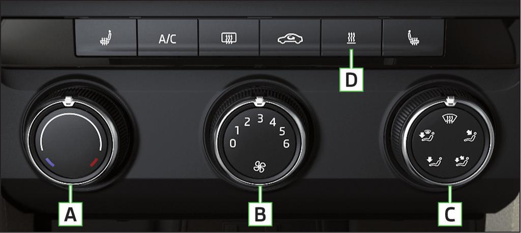 A B C Left rear seat heating Lower the temperature Display of the set temperature Increase the temperature Right rear seat heating Individual functions can be set or switched on by turning the