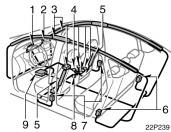 76 22p239 The SRS side airbag and curtain shield airbag system consists mainly of the following components, and their locations are shown in the illustration. 1. SRS warning light 2.