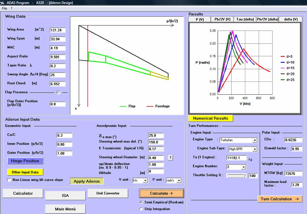 Fig. 9 Aileron Design dialog window and aircraft roll performances calculations. Fig.