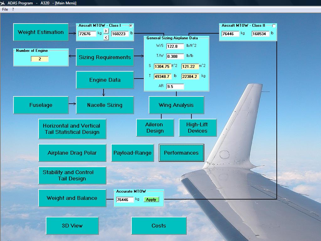 Development of a Software for Aircraft Preliminary Design and Analysis Fig. 1 ADAS Software Main Dialog Window (main menu) and displayed design/analysis modules Mission Specification ADAS 1.