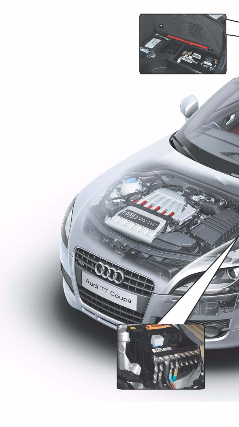 Overview Fuses and relays The fuse and relay carriers In the Audi TT Coupé 07 the fuse and relay carriers are located in the following positions: Electronics box in engine compartment, front left
