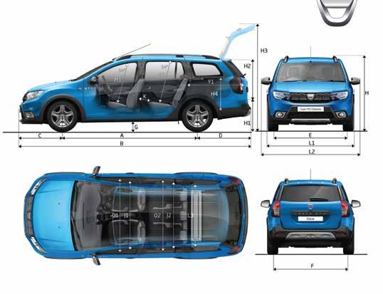 Dimensions Dacia Logan MCV Stepway Exterior dimensions (mm) A - Wheelbase 2,635 B - Overall bodywork length 4,528 C - Front overhang 846 D - Rear overhang 1047 E - Front track 1,491 F - Rear track