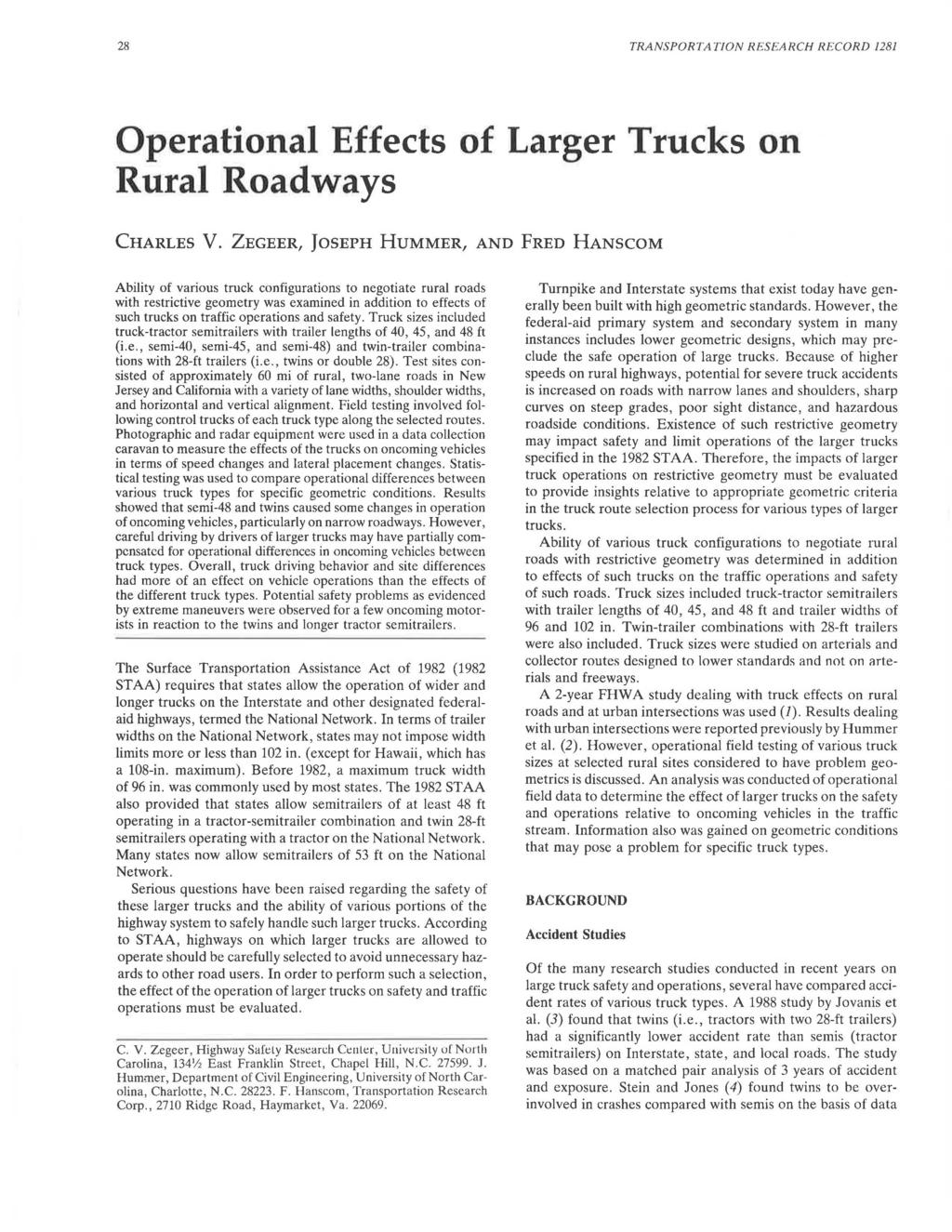 28 TRANSPORTATION RESEARCH RECORD 1281 Operational Effects of Larger Trucks on Rural Roadways CHARLES v.