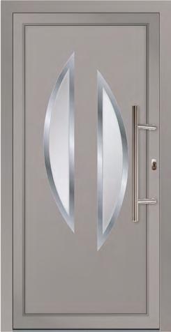 AUTRANS 2 Platinum Grey (RAL 7036) door and frame. Shown with stainless steel glazing trims. AVORIAZ 1 Iron Grey (RAL 7011) door and standard white frame. 600mm stainless Steel off-set bar handle.