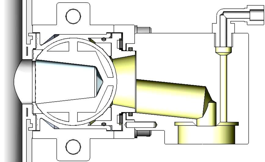 Valve in opened position for sampling Liquid process media flows through the piping system.