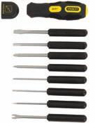 Product # 62-511 10 (1) 7-3/4 in (197 mm) Screwdriver (3) s 1/8, 3/16, 1/4 in Standard Slotted Bars (3) p #0, #1, #2 Phillips Bars (1) Brad Awl (1) Tack Puller (1) Hook Driver stanley 6-way cushion