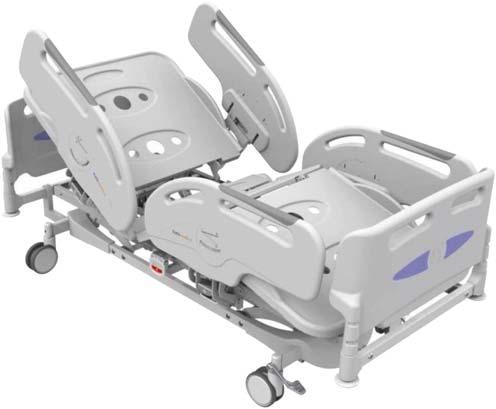 ELECTRIC BED 4 containing sector side rails, made in technopolymer, and single collapsible 27850 TRENDELENBURG TROLLEY Made of steel-alloy, oven painted ral 9010, with chrome plated handles.