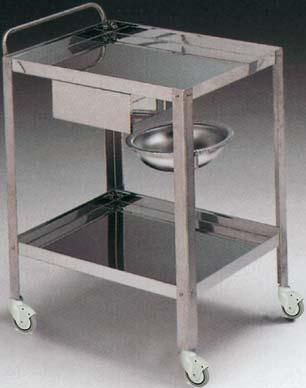 2 shelves with upstands (3,5 cm) on four sides. Revolving rubber castors Ø 80 mm (two with brake). Size: 70x50xh 82 cm.