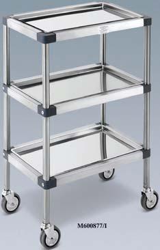 3 shelves with upstands (3,5 cm) on four sides, 4 revolving rubber castors Ø 80 mm.