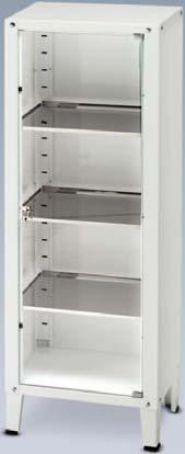 CABINETS Choice of cabinets with epoxy coated steel structure and tempered glass. Rack-mounted adjustable glass shelves.