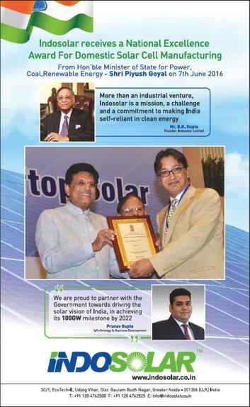 NATIONAL EXCELLENCE AWARD 2016 Indosolar Limited has been