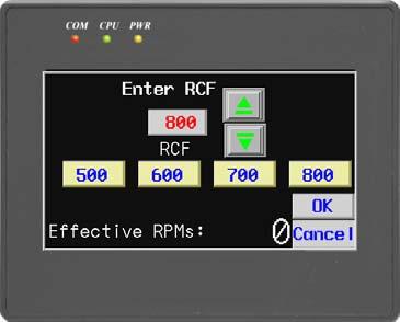 Select one of the preset RCFs (500, 600, 700, 800) and use the green arrows to fine adjust the value. 2.