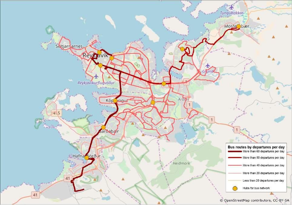 28 SCREENING REPORT - BORGARLÍNA RECOMMENDATIONS 12 2 bus routes operate with a 15-minute service in the peak hours and 30- minute service between the peak hours and in the evening.