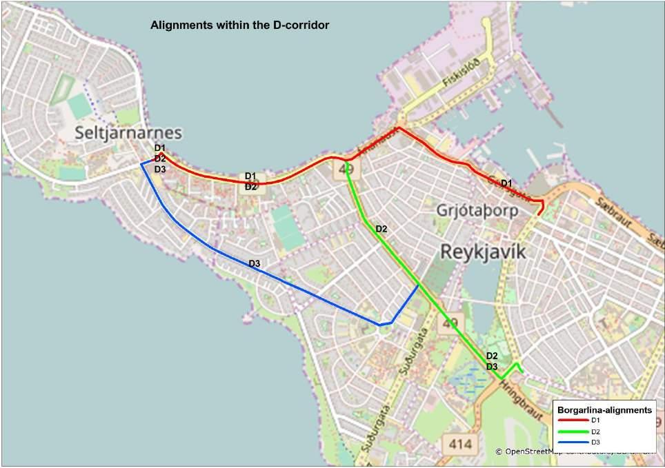 48 SCREENING REPORT - BORGARLÍNA RECOMMENDATIONS 4.3.4 D-corridor The D-corridor covers alignments that connect Seltjarnarnes with the city centre.