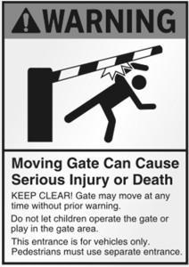 WARNINGS: Gate operator system designers, installers and users must take into account the possible hazards associated with each individual application.