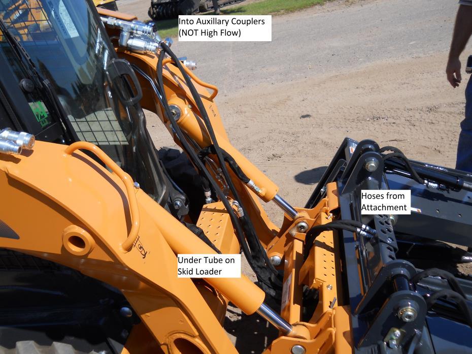 Grapple shown Center Plumb works for Case, John Deere, New Holland, Mustang, Takeuchi, and Gehl skid loaders. Hoses need to be secured so they do not get damaged during operation.
