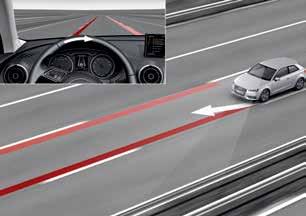 The lane departure warning system warns the driver if a detected lane marking is approached without indicating, and helps the driver to steer back towards the middle of the lane by making gentle