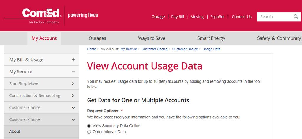 ComEd Account Usage Data All customer account