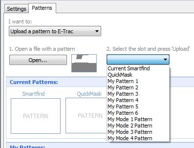 To Upload Patterns to E-Trac: 1 Ensure you have started E-Trac Xchange 2 Connect your E-Trac to your PC via the USB cable 3 Turn on your E-Trac 4 In Xchange, click on the Patterns tab at the top of