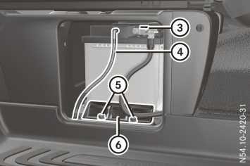 336 Battery i To disconnect or remove the additional battery, open the left-hand front door. The auxiliary battery is located in the seat base of the left-hand front seat.