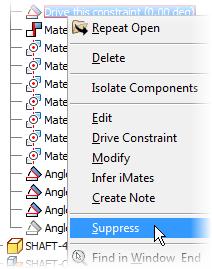 5. Right-click Drive this Constraint (0.00 deg). Click Suppress to turn on suppress.
