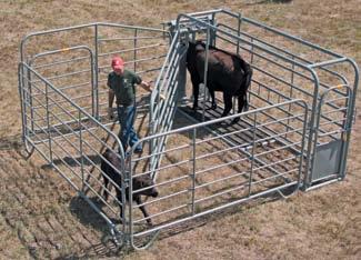 This calving pen knocks down to 34 wide by 144 long and is equipped with a detachable wheel kit that includes 15 new tires on 6-bolt wheels.